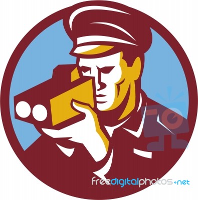 Policeman Speed Camera Scanning Circle Retro Stock Image