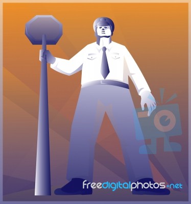 Policeman Standing With Stop Sign Retro Stock Image