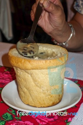 Polish Mushroom Soup Inside A Loaf Of Bread Stock Photo