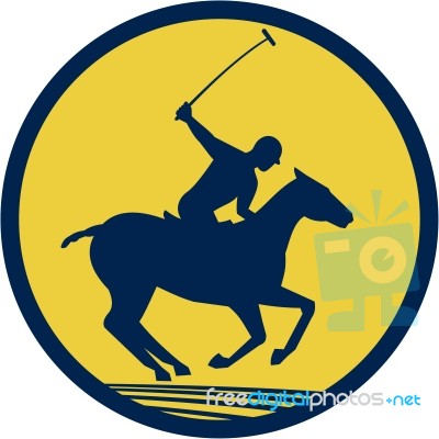 Polo Player Riding Horse Circle Retro Stock Image