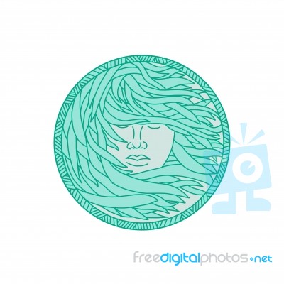 Polynesian Woman Sea Kelp Hair Circle Mono Line Stock Image