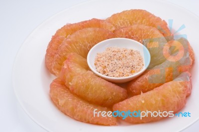 Pomelo In Dish Stock Photo