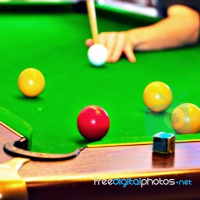 Pool Game On Green Table Stock Photo