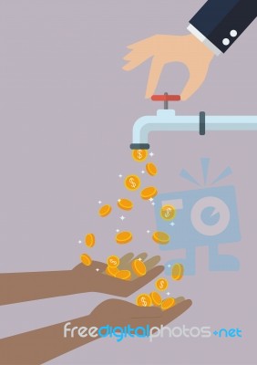 Poor Hands Are Carrying Coins Falling Out Of The Water Tap Stock Image