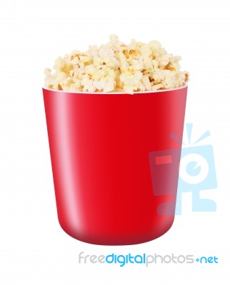 Popcorn In Red Bucket On White Background Stock Photo