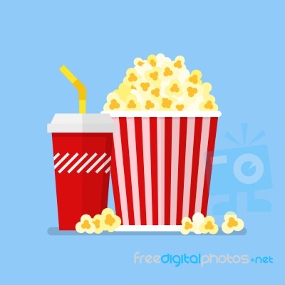 Popcorn Snack And Drink In Flat Style Stock Image