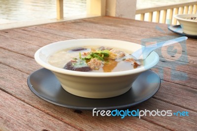 Pork And Mushroom Congee On Morning Breakfast Stock Photo