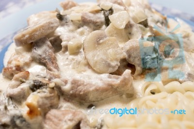 Pork Beef Stroganoff With Mushrooms Stock Photo