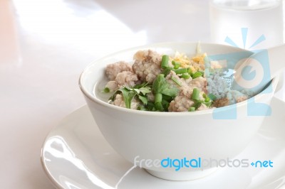 Pork Congee And Fried Garlic On Morning Table Stock Photo