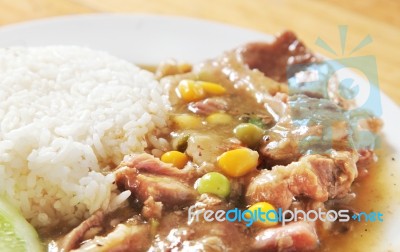 Pork With Rice Steam Stock Photo