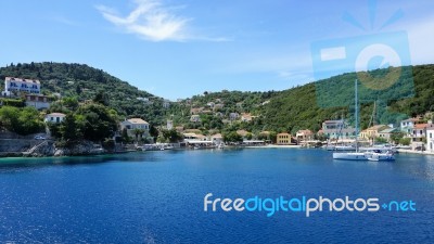 Port Of Fiscardo In Island Kefalonia, Greece Stock Photo