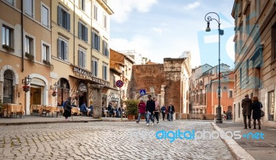 Portico D'ottavia In The Ancient Jewish Quarter Of Rome Stock Photo