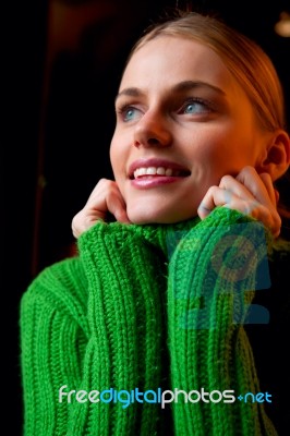 Portrait Of A Young Beautiful Smiling Woman With Blond Hair Stock Photo