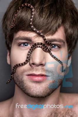 Portrait Of A Young Handsome Man With Snake On His Face Stock Photo