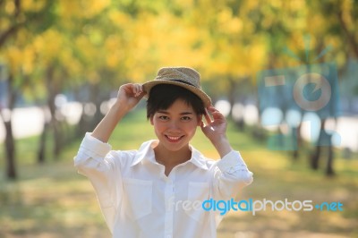 Portrait Of Beautiful Asian Woman Toothy Smiling Face Wearing Fa… Stock Photo