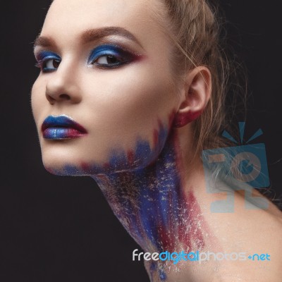 Portrait Of Beautiful Girl With Blue Tones Makeup Stock Photo