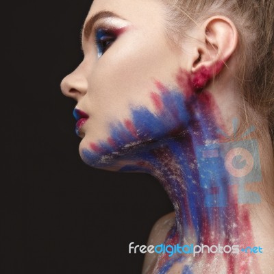 Portrait Of Beautiful Girl With Blue Tones Makeup Stock Photo