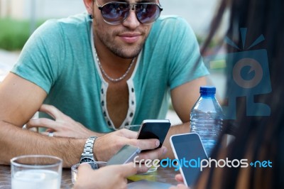 Portrait Of Group Friends Having Fun With Smartphones Stock Photo