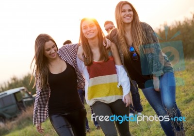 Portrait Of Group Of Friends Having Fun In Field Stock Photo