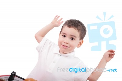 Portrait Of Happy Little Boy Over White Background Stock Photo