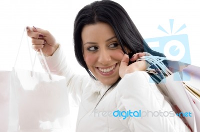 Portrait Of Happy Woman Shopping Bags Stock Photo