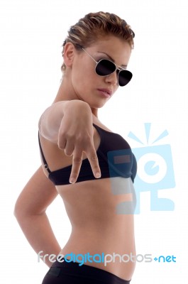 Portrait Of Sexy Model With Peace Sign, Hand Gesture Stock Photo