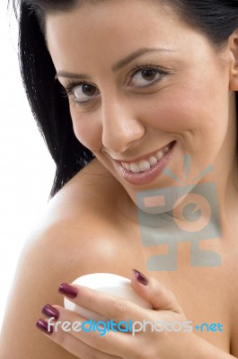 Portrait Of Smiling Female With Soap Stock Photo