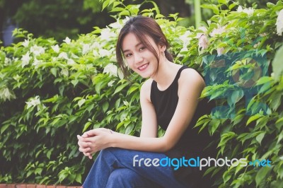 Portrait Of Thai Adult Beautiful Girl Relax And Smile Stock Photo