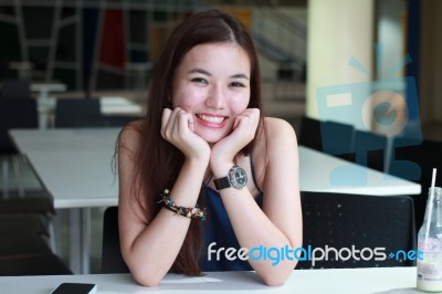 Portrait Of Thai Adult Beautiful Girl Relax And Smile Stock Photo