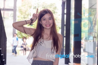 Portrait Of Thai Adult Beautiful Girl Relax And Smile Stock Photo