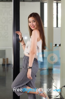 Portrait Of Thai Adult Beautiful Girl Relax And Smile Stock Photo