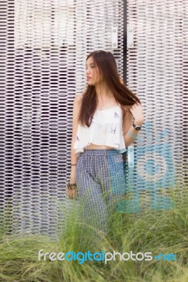 Portrait Of Thai Adult Beautiful Girl Relax And Smile Stock Photo