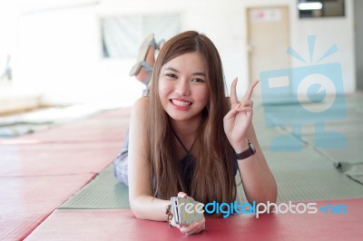 Portrait Of Thai Adult Beautiful Girl Relax And Smile Stock Photo