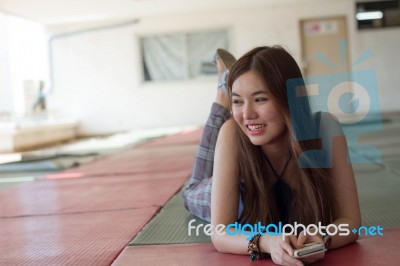 Portrait Of Thai Adult Beautiful Girl Relax And Smile Stock Photo