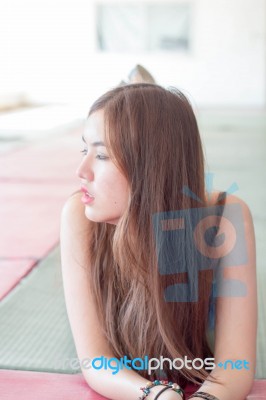 Portrait Of Thai Adult Beautiful Girl Relax And Smile Stock Photo