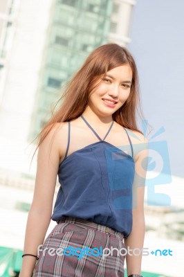 Portrait Of Thai Adult Beautiful Girl Relax And Smile Stock Photo