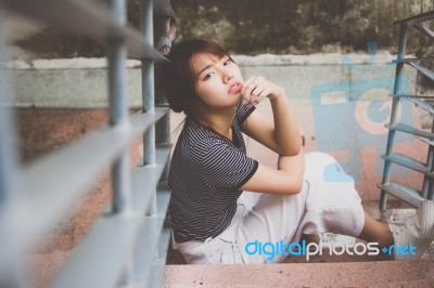 Portrait Of Thai Adult Beautiful Girl Relax And Smile Stock Photo