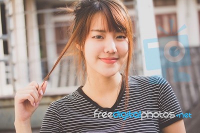 Portrait Of Thai Adult Beautiful Girl Relax And Smile Stock Photo