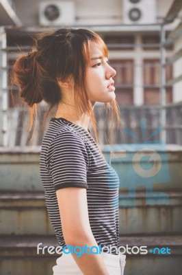 Portrait Of Thai Adult Beautiful Girl Relax And Smile Stock Photo