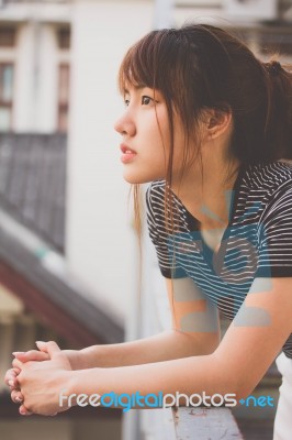 Portrait Of Thai Adult Beautiful Girl Relax And Smile Stock Photo