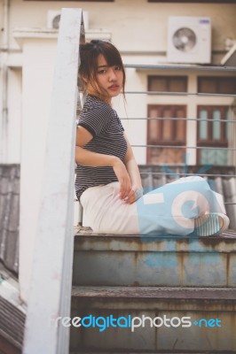 Portrait Of Thai Adult Beautiful Girl Relax And Smile Stock Photo