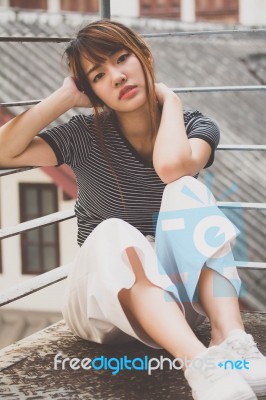 Portrait Of Thai Adult Beautiful Girl Relax And Smile Stock Photo