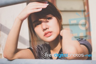 Portrait Of Thai Adult Beautiful Girl Relax And Smile Stock Photo