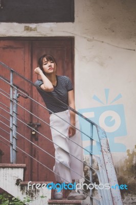 Portrait Of Thai Adult Beautiful Girl Relax And Smile Stock Photo