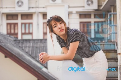 Portrait Of Thai Adult Beautiful Girl Relax And Smile Stock Photo