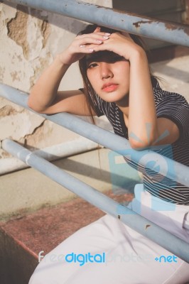 Portrait Of Thai Adult Beautiful Girl Relax And Smile Stock Photo