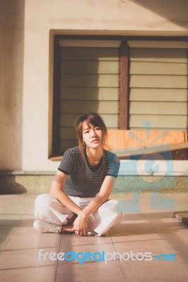 Portrait Of Thai Adult Beautiful Girl Relax And Smile Stock Photo