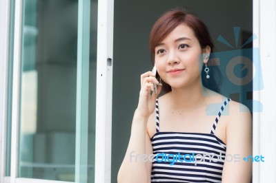 Portrait Of Thai Adult Businesswoman Beautiful Girl Calling Smart Phone Stock Photo