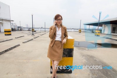 Portrait Of Thai Adult Businesswoman Beautiful Girl Calling Smart Phone Stock Photo