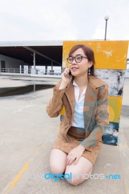 Portrait Of Thai Adult Businesswoman Beautiful Girl Calling Smart Phone Stock Photo